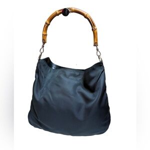 Gucci Vintage Bamboo Handle Nylon Shoulder Bag Black Made in Italy